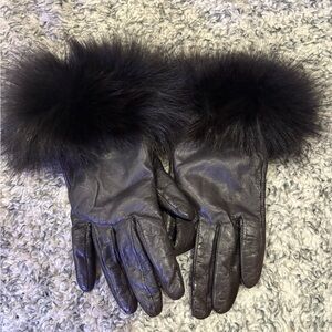 DENA FURS- Vintage Elegant Black Leather Gloves with Fur Trim